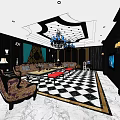 Luxurious KTV Lounge Interior With Chandelier Sofas TV And Checkered Floor Design