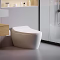 Modern Smart Toilet in Bathroom with Wooden Vanity and Glass Shower Enclosure