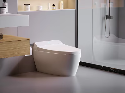 Modern Smart Toilet in Bathroom with Wooden Vanity and Glass Shower Enclosure 3d model