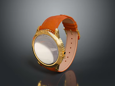 Orange Leather Strap Gold Case Wristwatch With White Dial And Metal Accents 3d model