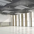 Modern Indoor Basketball Court Featuring Wooden Floor Scoreboard Hoop Bleachers Court Lines And Ceiling Lights
