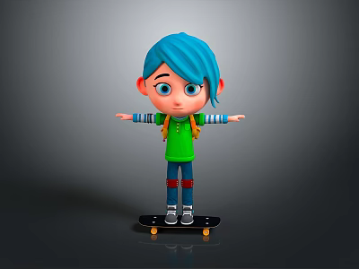 Cartoon Character With Blue Hair Green Shirt And Blue Pants On Skateboard Arms Outstretched 3d model
