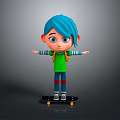 Cartoon Character With Blue Hair Green Shirt And Blue Pants On Skateboard Arms Outstretched