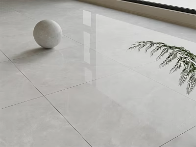 Light Colored Polished Floor Tiles in Modern Room With White Sphere And Green Leaf 3d model