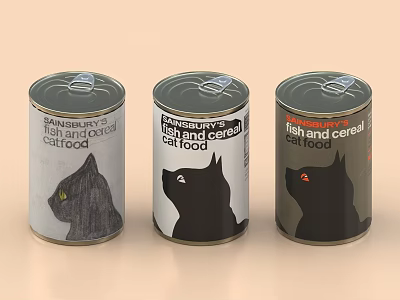 Bananafrys Fish And Cereal Cat Food Cans With Cat Silhouette Designs For Pet Supplies 3d model