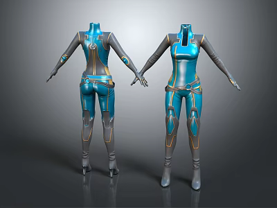 Futuristic Blue and Gray Bodysuit with Gold Accents and Tech Inspired Design 3d model