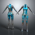 Futuristic Blue and Gray Bodysuit with Gold Accents and Tech Inspired Design