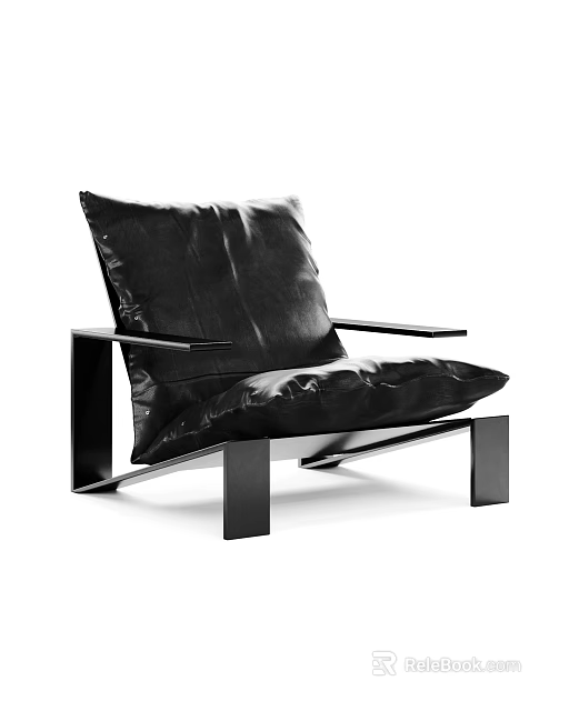 Modern Black Leather Single Sofa With Square Arms And Geometric Frame Design 3d model 