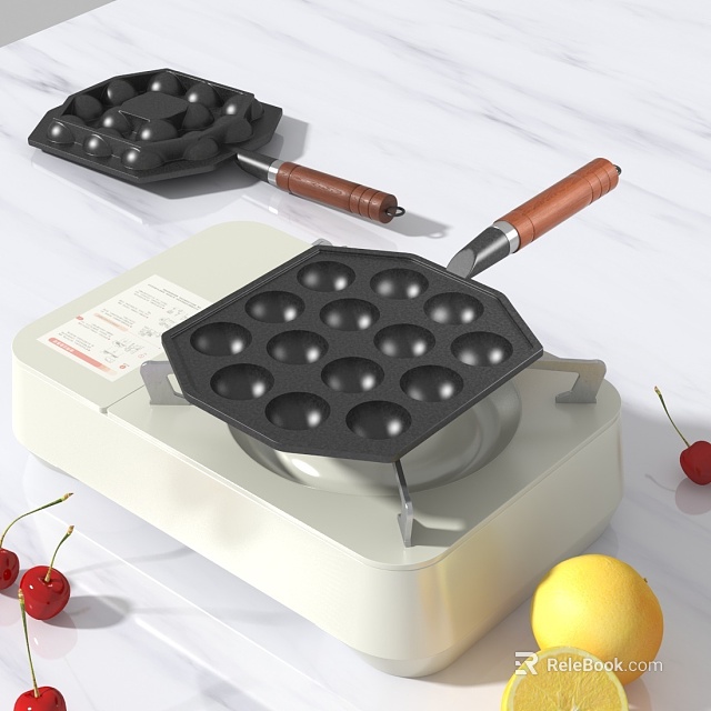 Non Stick Takoyaki Pan with Brown Handle on White Heating Base and Marble Countertop 3d model 