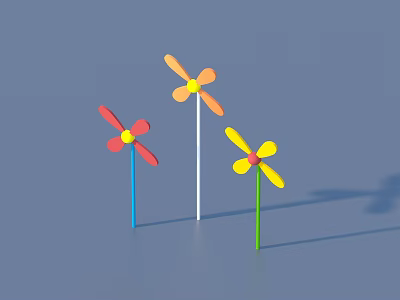 Colorful Pinwheels With Red Orange Yellow Blades And Blue White Green Stems On Gray Background 3d model