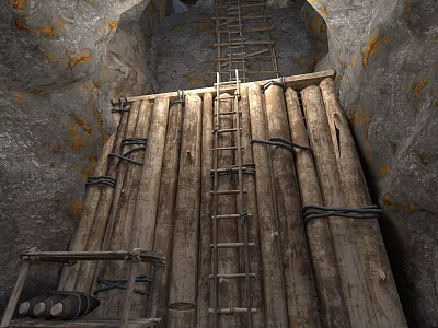 Underground Mine Shaft Interior With Wooden Beams Metal Ladder And Barrels 3d model