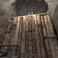 Underground Mine Shaft Interior With Wooden Beams Metal Ladder And Barrels