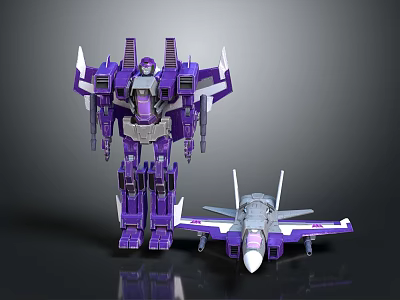 Purple Robot Action Figure And Airplane Model With Mechanical Design Details 3d model