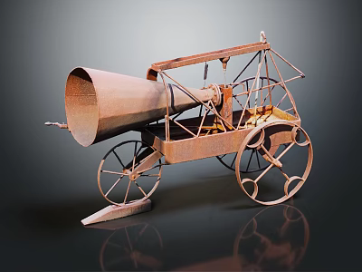 Vintage Rustic Metal Mechanical Vehicle With Large Horn Shaped Part And Ornate Frame Wheels 3d model