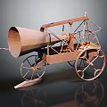 Vintage Rustic Metal Mechanical Vehicle With Large Horn Shaped Part And Ornate Frame Wheels