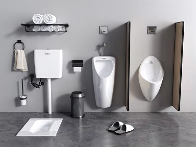 Modern Bathroom Urinal Setup With Towel Rack Toilet Paper Holder Trash Can And Slippers 3d model