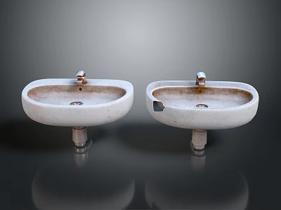 Two White Ceramic Washbasins with Modern Faucets in Bathroom Decor Setup 3d model