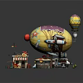 Vibrant Cartoon Scene With Colorful Airship Star Patterns Small Shops And Hot Air Balloon