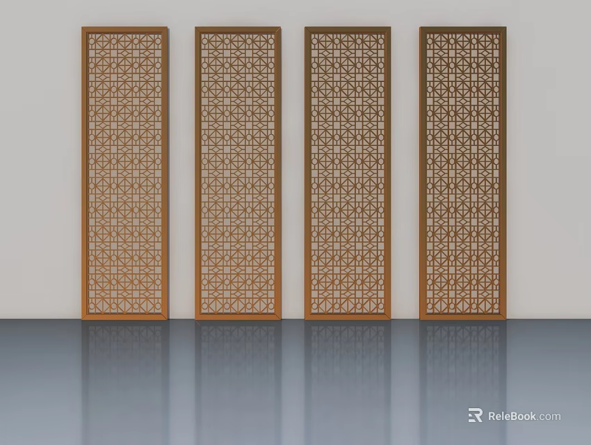 Four Brown Hinged Doors With Intricate Openwork Patterns On White Background And Reflective Floor 3d model