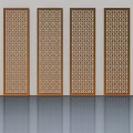 Four Brown Hinged Doors With Intricate Openwork Patterns On White Background And Reflective Floor 3d model