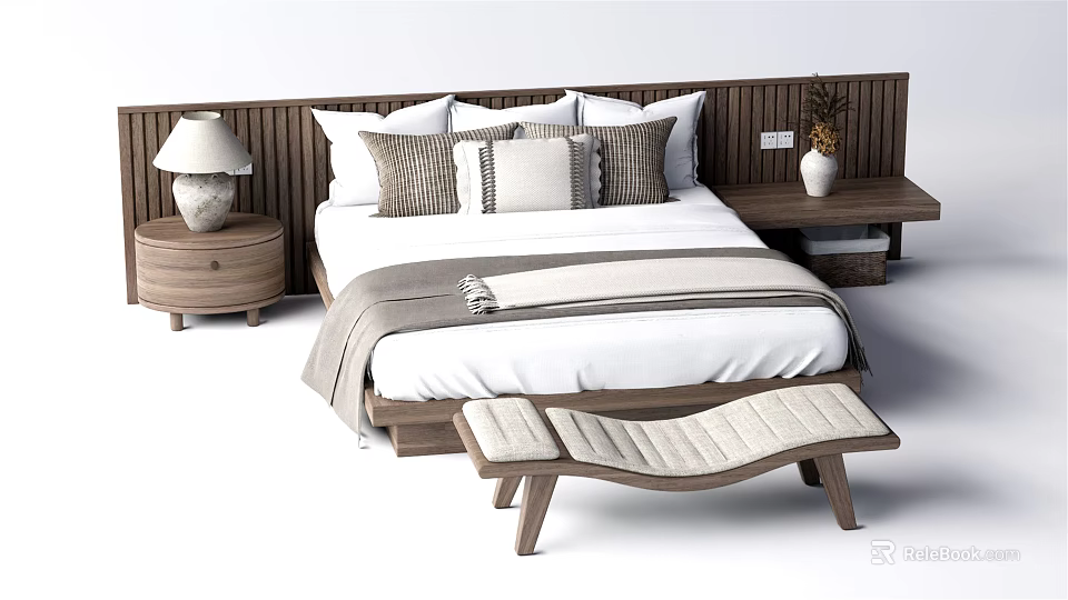Modern Double Bed With Wooden Headboard Multiple Pillows Footstool Nightstand Table Lamp And Vase 3d model 