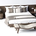 Modern Double Bed With Wooden Headboard Multiple Pillows Footstool Nightstand Table Lamp And Vase