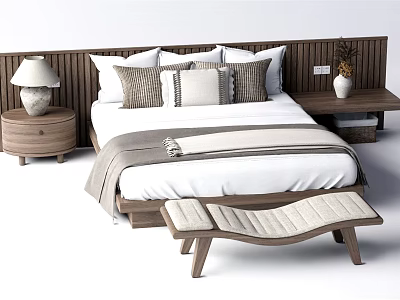 Modern Double Bed With Wooden Headboard Multiple Pillows Footstool Nightstand Table Lamp And Vase 3d model