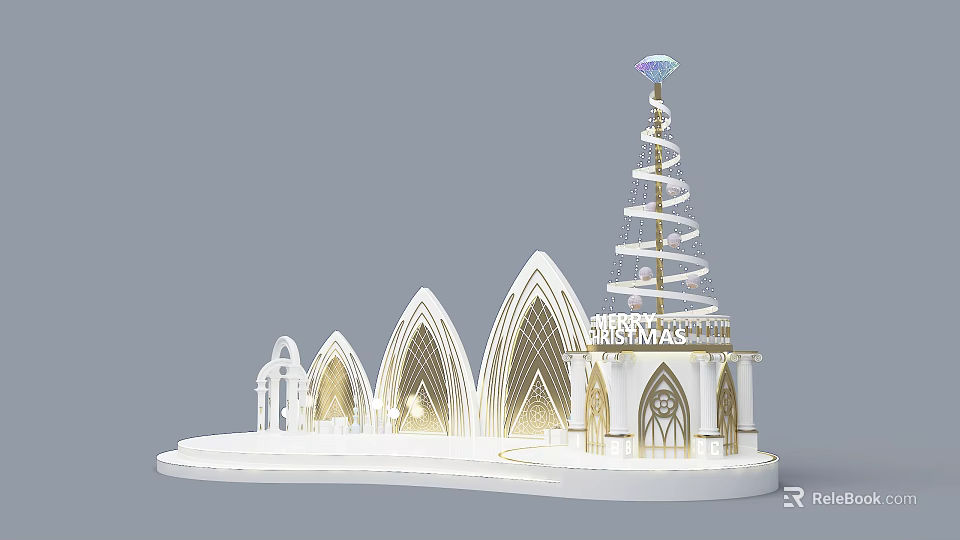 Elegant Modern Christmas Stage With Spiral Spire Arched Designs And Illuminated Lights 3d model 