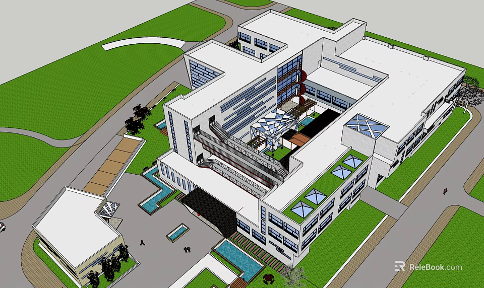 Modern Commercial Building Design With Green Roof Courtyard Glass Walls And Entrance Driveway 3d model 