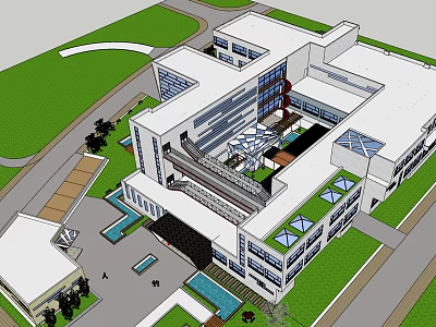 Modern Commercial Building Design With Green Roof Courtyard Glass Walls And Entrance Driveway 3d model