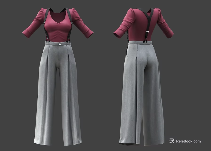 Pink Three Quarter Sleeve Top and Gray Wide Leg Suspender Pants Clothing Set 3d model 