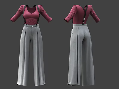 Pink Three Quarter Sleeve Top and Gray Wide Leg Suspender Pants Clothing Set 3d model
