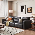 Stylish Living Room With Black Leather Sofa Throw Pillows Blanket Coffee Table And Geometric Rug