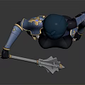 Game and Movie Character with Blue Hair Armored Outfit holding Weapon in Combat Style