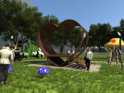 Heart Shaped Landscape Pavilion In Park With Green Lawn Mushroom Decorations And Panda Sculptures 3d model