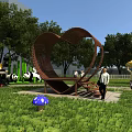 Heart Shaped Landscape Pavilion In Park With Green Lawn Mushroom Decorations And Panda Sculptures
