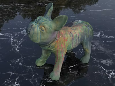 Colorful French Bulldog Decorative Figurine Collection On Black Marble Surface With Shiny Background 3d model
