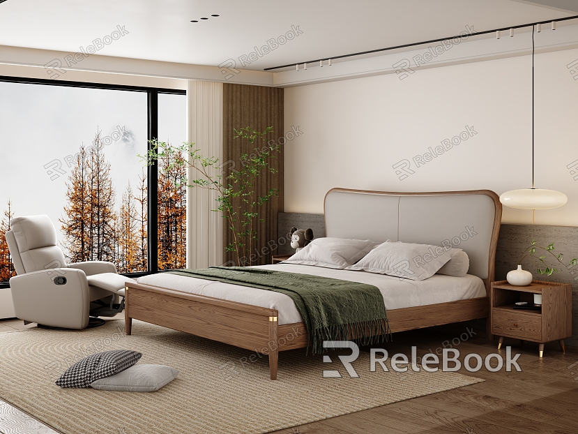 Quite simple style master bedroom space double bed bedside table massage chair lighting green plant jewelry model