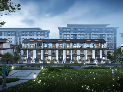Modern Townhouse Exterior Design With Balconies Landscaped Lawn And Outdoor Lighting 3d model