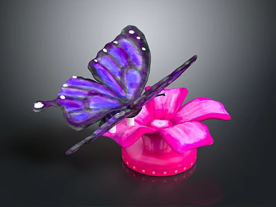 Colorful Purple Butterfly Decor on Pink Flower with Polka Dot Base 3d model