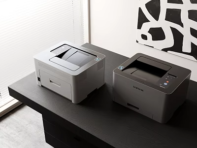 Modern Office Appliances Two Printers On Black Desk With Window And Decorative Art 3d model