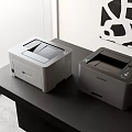 Modern Office Appliances Two Printers On Black Desk With Window And Decorative Art