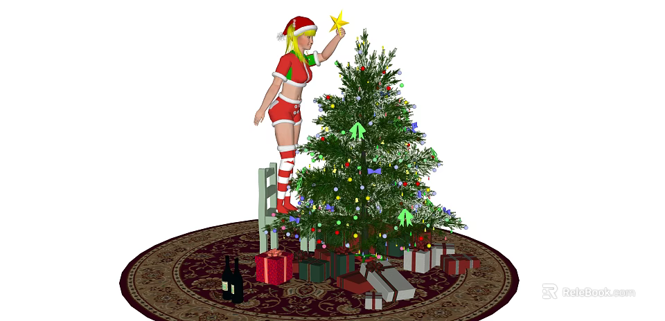 Woman in Christmas outfit decorating Christmas tree on ladder with gifts around 3d model 