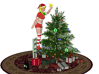 Woman in Christmas outfit decorating Christmas tree on ladder with gifts around 3d model