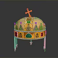 Golden Decorative Crown With Cross Top Colored Gemstones And Religious Portraits Tassels
