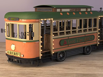 Vintage Tram Style Bus With Green Roof Orange Body And Decorative Lights 3d model