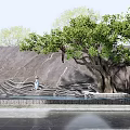 Modern Entrance Gate Design With Marble Walls Tree And Water Feature