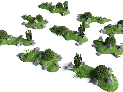 3D Garden Landscape Design With Green Grass Stones Cacti And Shrubs 3d model