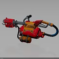 Red And Orange Mechanical Weapon With Metal Nozzle Fuel Tank And Black Hose
