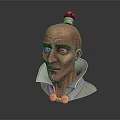 3D Character With Bald Head Red Topknot Blue Eyes Green Collar And Neck Buttons
